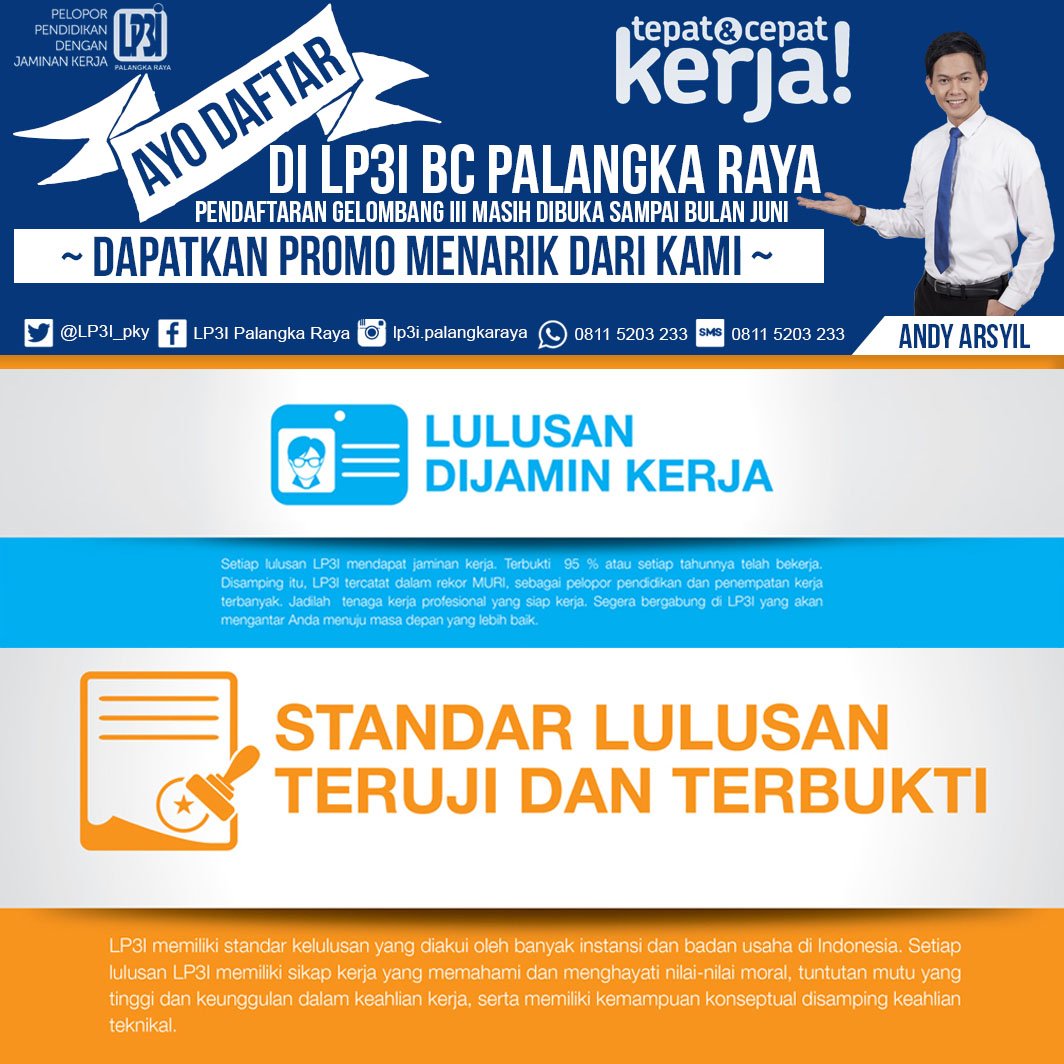 Selamat Pagi Sahabat Sukses.
Daftar di LP3I Palangka Raya yuk...

Dapatkan Promo Menarik Dari Kami.

#LP3IPalangkaRaya
#LP3ITepat_cepatkerja