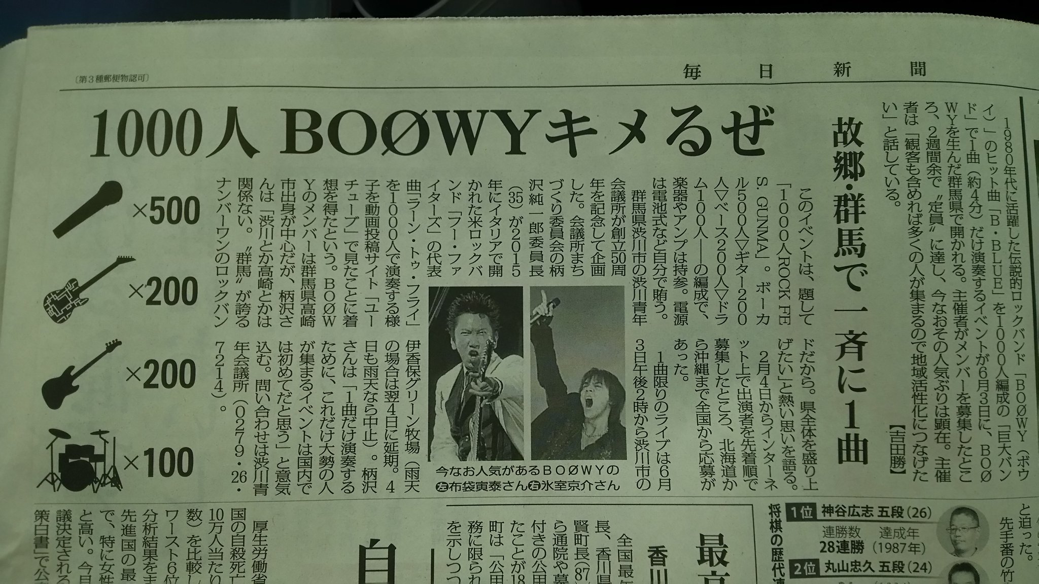 あずき 今日の毎日新聞に1000人boowyの記事 ギターのイラストはg柄ww Boowy Boowy 氷室京介 布袋寅泰 T Co Egwtxzhuid Twitter