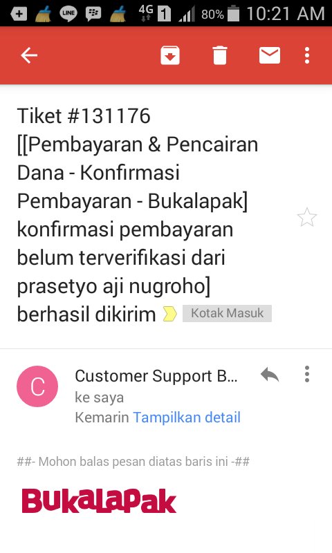 AjiPrass_'s tweet photo. @Bukalapak_Care tolong segera follow up issue dgn no tiket 131176 Untuk kasus konfirmasi pembayaran. Thx https://t.co/8kR698sQd0