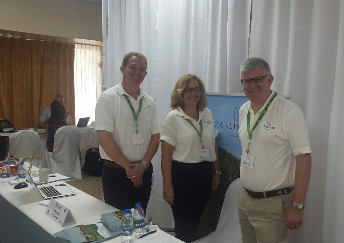 Paul from <a href="/PineappleHotels/">Pineapple Hotels</a> with John Rogers and Mandy Cameron from <a href="/Carlisle_Bay/">Carlisle Bay</a> at this year's great AHTA gathering in Antigua #antigua