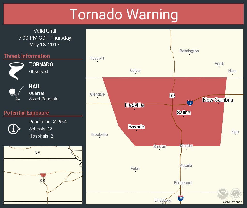Tornado Warning continues for Salina KS, New Cambria KS, Bavaria KS