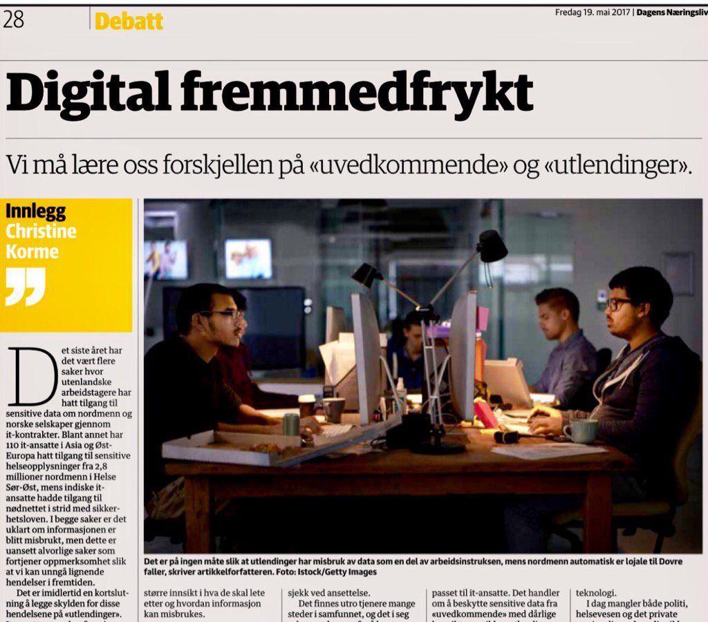 Riktig og sykt viktig innlegg av kollega <a href="/ckorme/">Christine Korme</a> om #iltsikkerhet i morgendagens <a href="/DN_no/">Dagens Næringsliv</a> #itpol <a href="/Abelia_NHO/">Abelia</a> <a href="/km_dep/">Kommunal- og distriktsdepartementet</a>