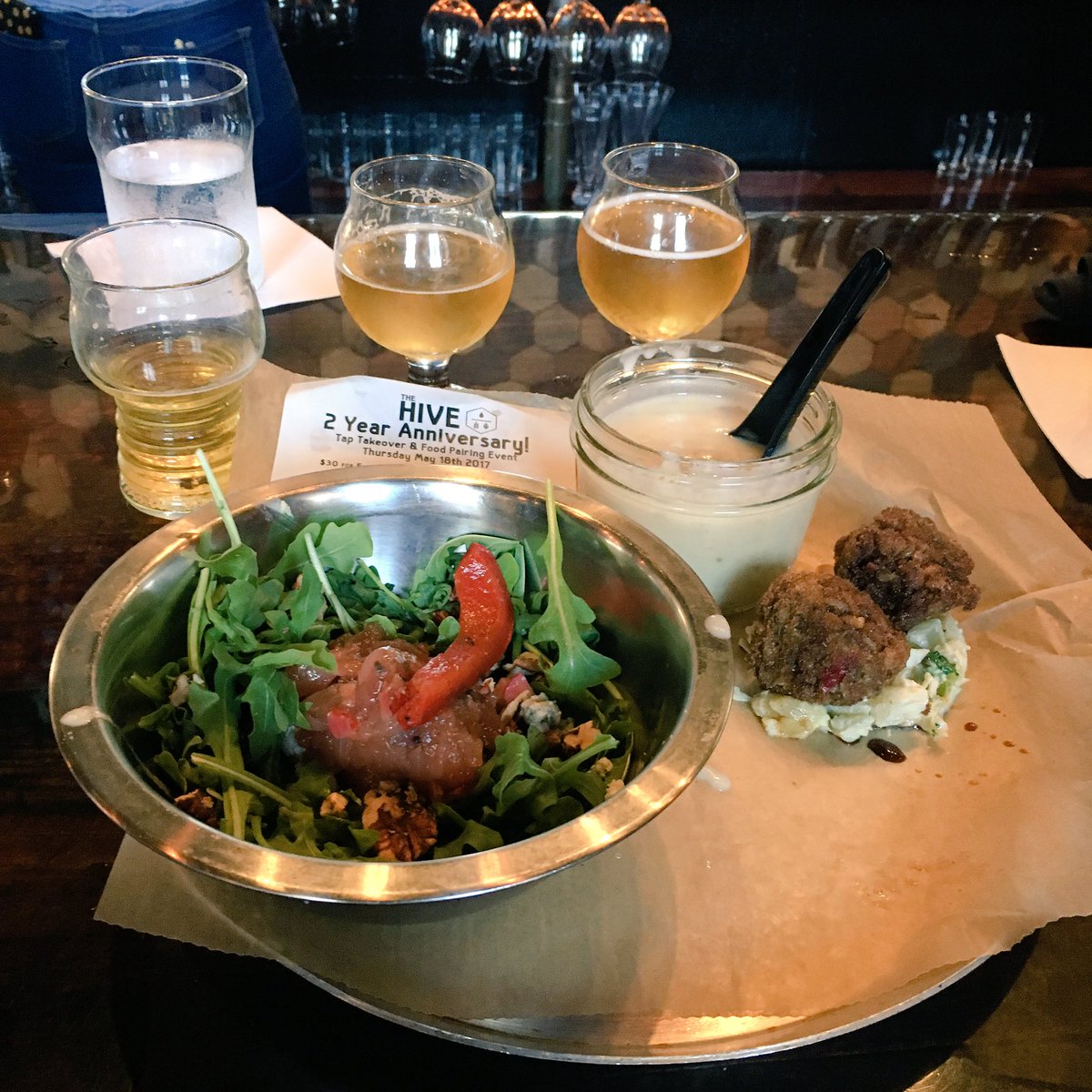 HopHitter's tweet photo. Enjoying Hives starter Course pairing #anniversary #beer #foodpairing #pilsner #ipa #tripel #NCBeer #augusta #eatlocal #downtown #GAFood https://t.co/FmoIj3vdoK