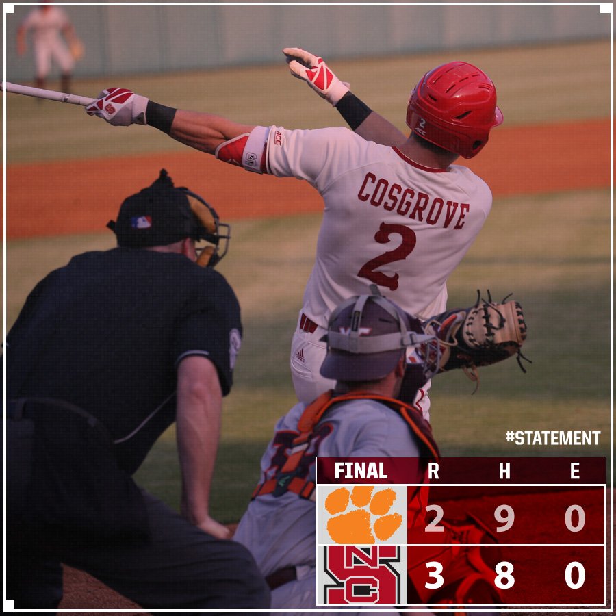 WOLFPACK WINS! #Adler gets a called strikeout to end it, as #Pack9 wins game one of the series against #12 Clemson, 3-2 #STATEMENT 💯✅