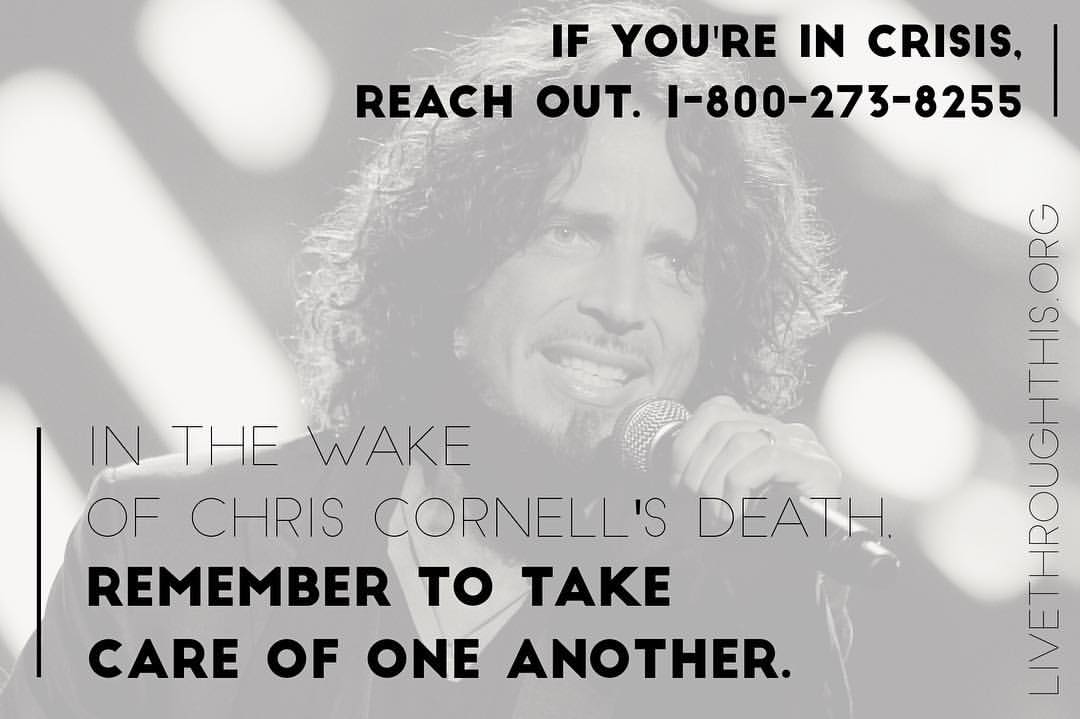 Struggling after <a href="/chriscornell/">Chris Cornell</a>'s death? Talk to someone. These people can help: <a href="/800273TALK/">The Lifeline</a>, <a href="/Translifeline/">Trans Lifeline</a>, <a href="/CrisisTextLine/">Crisis Text Line</a>, <a href="/trevorproject/">The Trevor Project</a>