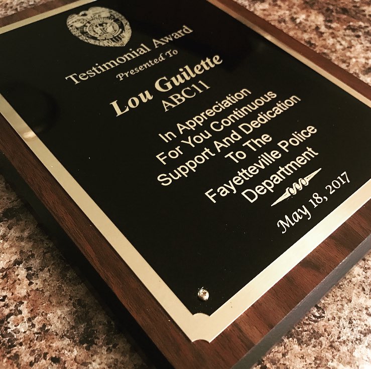 Morganorwood's tweet photo. My partner @LouGuilette &amp; I are honored to accept the Testimonal Award from @FayettevillePD for work after the hurricane. Thanks FPD! #abc11 https://t.co/hARmTpHdvL
