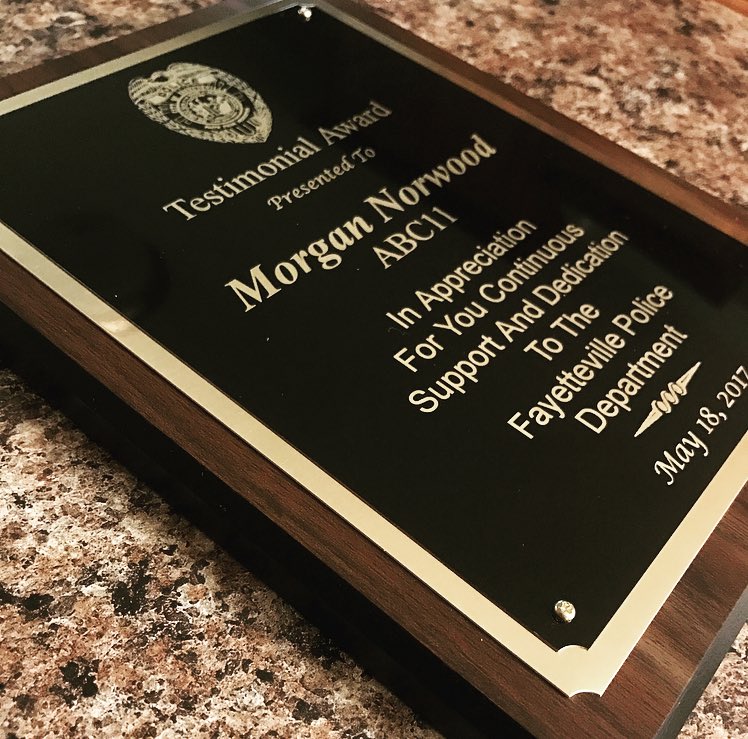 My partner @LouGuilette &amp; I are honored to accept the Testimonal Award from <a href="/FayettevillePD/">Fayetteville Police</a> for work after the hurricane. Thanks FPD! #abc11