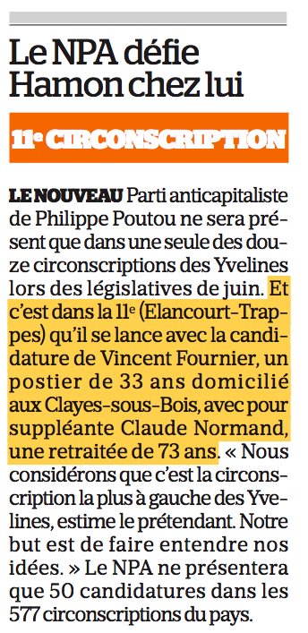 JMFourgous's tweet photo. Le NPA présent dans une seule circonscription @Les_Yvelines, la nôtre ! #Circo7811 @benoithamon https://t.co/ovteVRD2kU