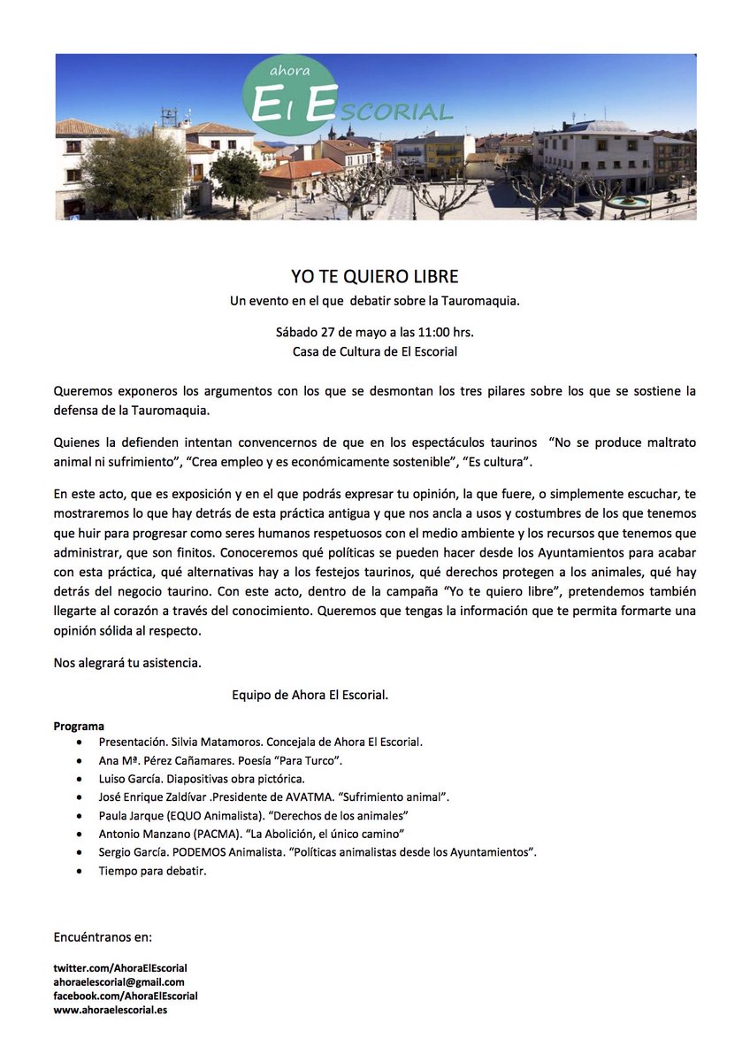 27/05: Debate en El Escorial sobre la tauromaquia: entornoescorial.blogspot.com.es/2017/05/2705-d…