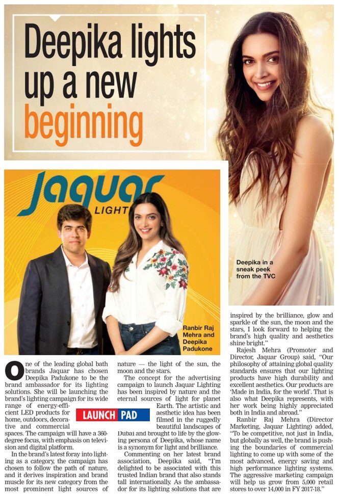 Jaquar Lighting signs Deepika Padukone as Brand Ambassador