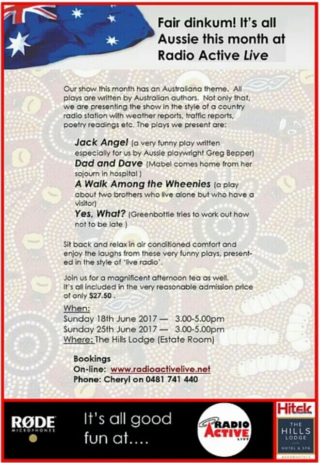 Thunderboltprod's tweet photo. Premere of my latest Aussie radio play: JACK ANGEL (The case of the exploding cracker) JUNE 18th &amp; 25th 2017 @ The Hills Lodge, Castle Hill https://t.co/kJR4kwFBAf