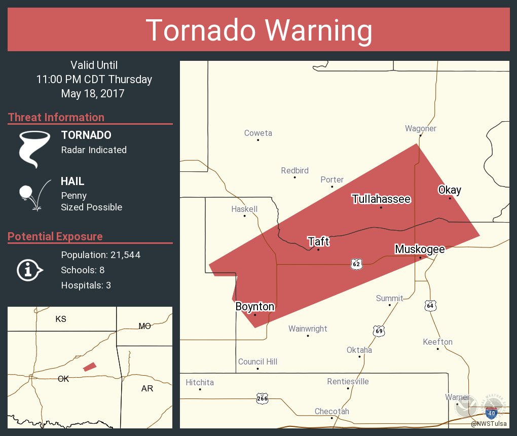 Tornado warning including muskogee ok, okay ok, taft ok until 1100 pm cdt