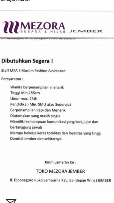 HRD_Shafco's tweet photo. #lokerjember dibutuhkan SPG/SPB untuk Mezora Jember. Klik gambar untuk info detailnya #lowongankerjajember #jember #lowonganjember https://t.co/c8GDObJZcl