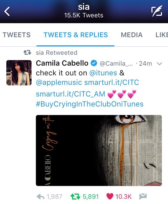 CCabelloArg's tweet photo. .@Sia le dio RT al tweet de Camila!! 

#BuyCryingInTheClubOniTunes https://t.co/LkgihKQaWG