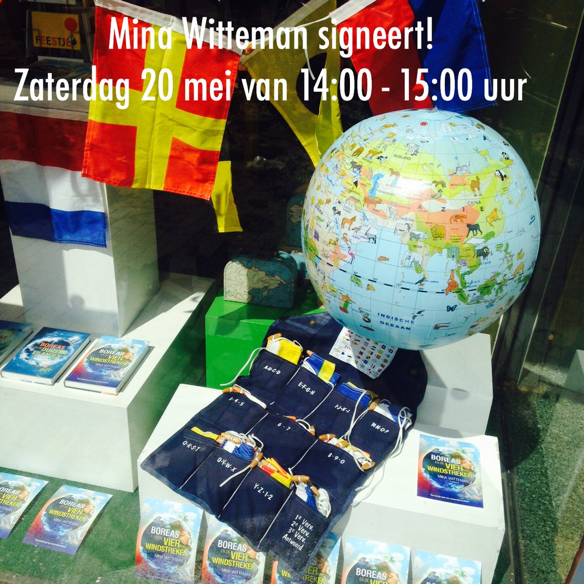 De vlaggen in onze etalage seinen BOREAS want morgen signeert @MinaWitteman <a href="/uitgPloegsma/">Uitgeverij Ploegsma</a>! Wij zijn er klaar voor! bit.ly/2ryJFEG