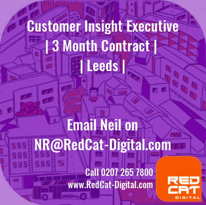 RedCat_Digital's tweet photo. @Neil_RedCat is #hiring a #customer #Insight #analyst required for a 3-month #contract for a leading retailer based in Leeds https://t.co/JQZbqeIM9H