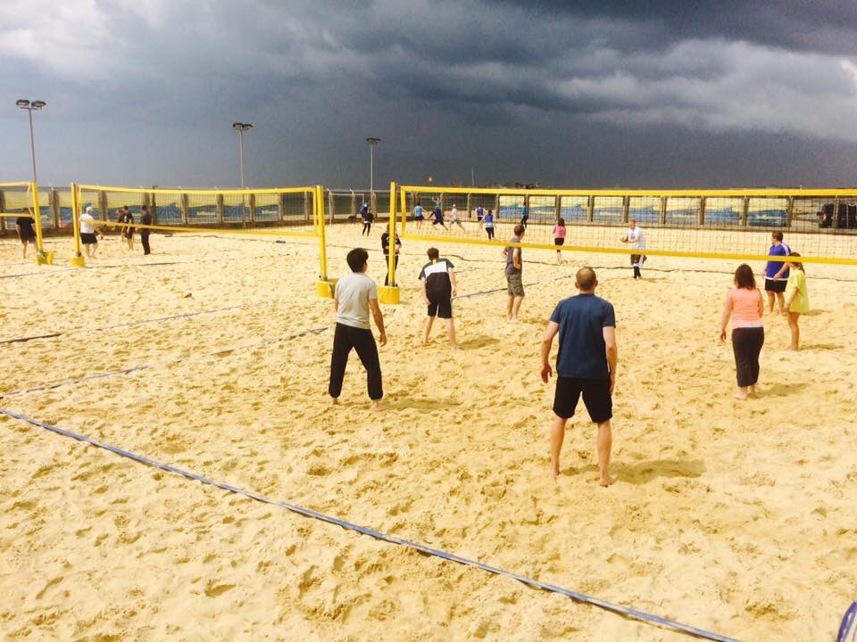 3 courts and beach soccer in action on this Friday morn. Go away clouds!