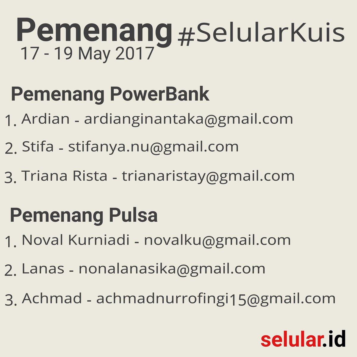 SelularID's tweet photo. Ok gaes, ini dia pemenang #SelularKuis Cek email yah untuk pemenang :) https://t.co/QsqThFXJpI
