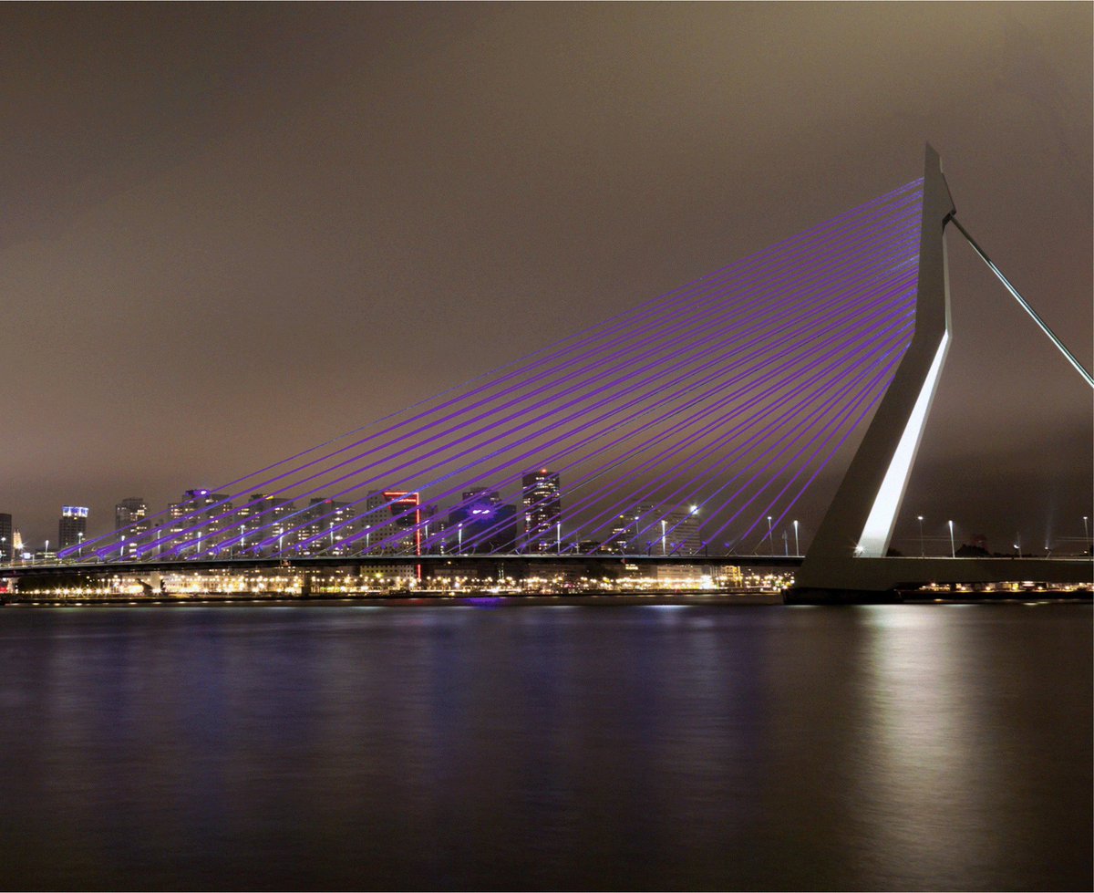 Stadsbeheer010's tweet photo. Vanavond kleurt #Erasmusbrug paars ivm Wereld #IBDdag. Geef chronische darmontsteking een gezicht op #ikenIBD https://t.co/i4aZtMLwsT https://t.co/s5sxnFuqZP