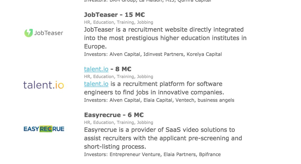 TiboGimenez's tweet photo. Grosse semaine pour les startups du recrutement ! 15 M€ pour @jobteaser 8M€ pour @talent_io et 6M€ pour @easyRECrue !! #startup #frenchtech https://t.co/hErI5PO2kg