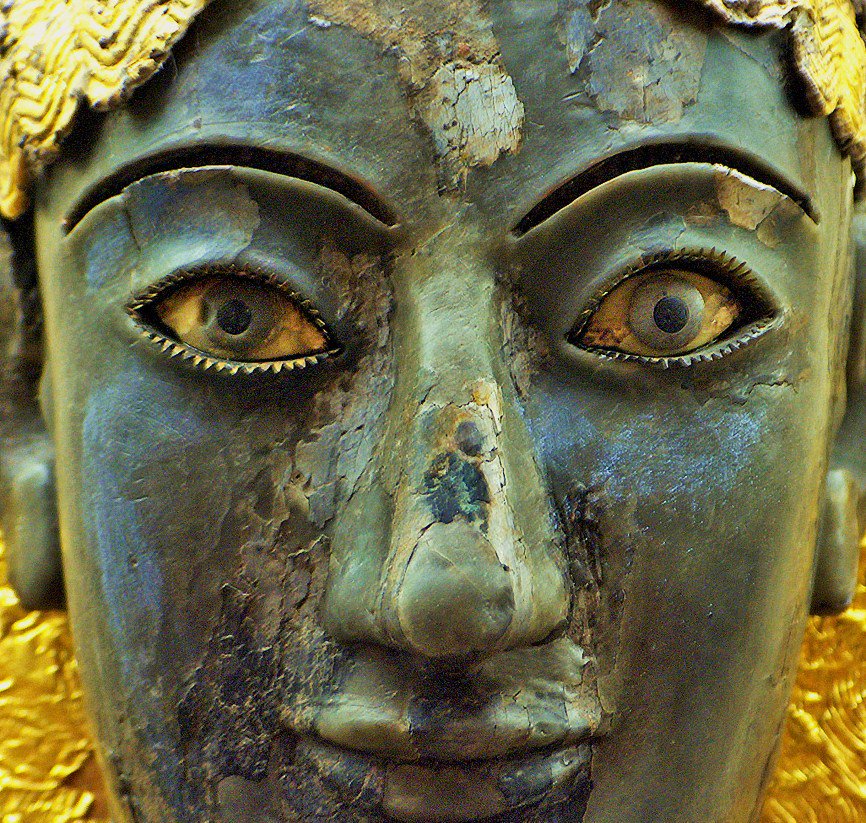 VeraCausa9's tweet photo. Apollo chryselephantine [gold &amp; ivory] burnt sculpture fragments [head details] made in Ionia,Archaic 6th c.BC-Archaeological Museum, Delphi https://t.co/akLdf7vr6G