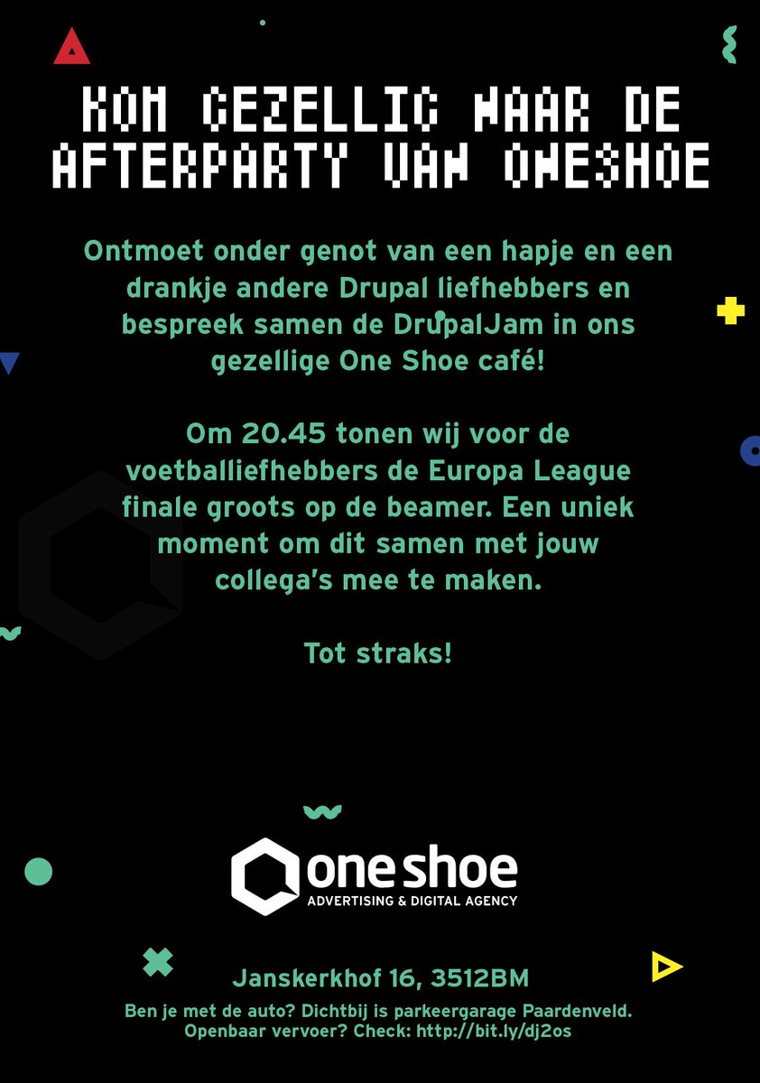 drupalcafe's tweet image. Na #DrupalJam nog zin in een feestje? Kom dan gezellig langs bij @OneShoe:
meetup.com/drupalnetherla…