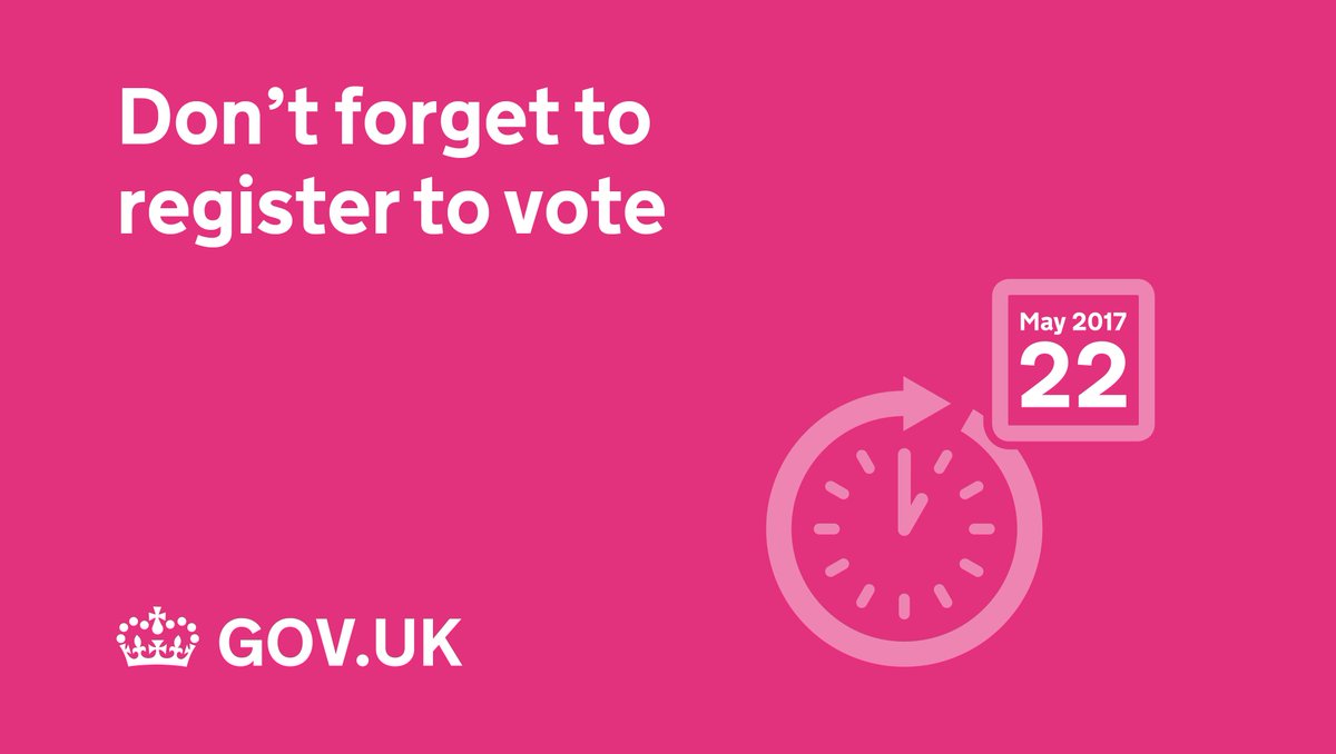 Register to vote by midnight on Monday to have your say in the General Election: gov.uk/register-to-vo… #RegistertoVote #GE2017
