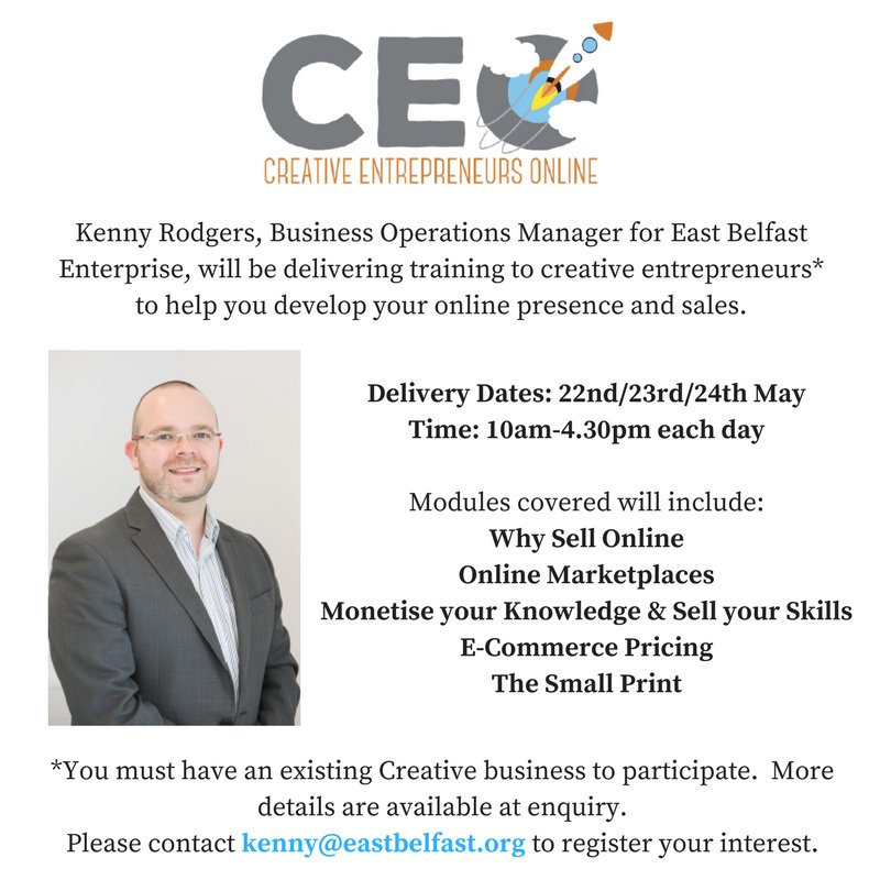 eastbelfastent's tweet photo. Starting MONDAY, don't miss this course for creative entrepreneurs! Email kenny@eastbelfast.org to bag your place! #ceoproject #belfasthour https://t.co/AULtz97dMY