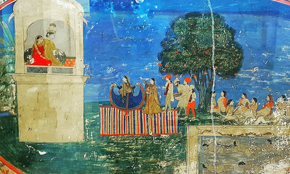 Entertainment during the heat: a dancer performs for Radha &amp; Krishna in a lake pavilion.
Mural from the Chamba Palace, c1800
Chamba Museum