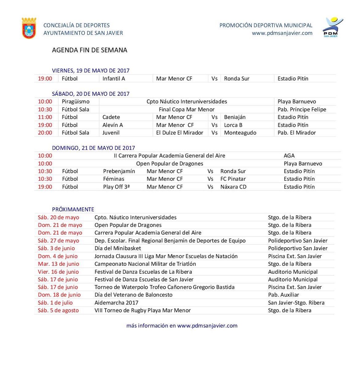 San Javier Deportes (@pdmsanjavier) on Twitter photo Agenda del finde Agenda del finde