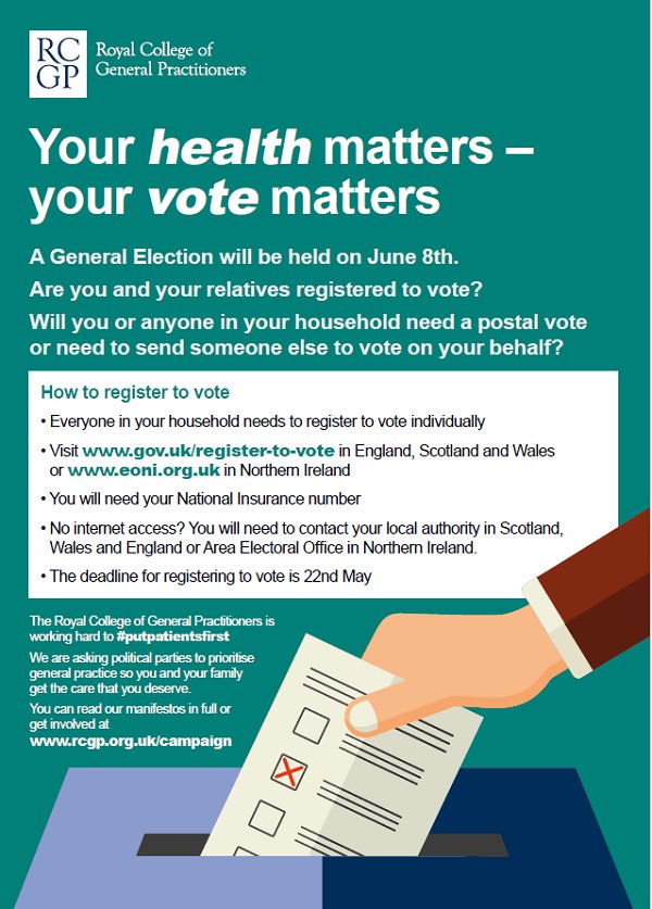 LondonwideLMCs's tweet photo. The deadline for registering to vote is Monday 22 May - make sure you (and your patients) are registered! #GeneralElection #GPUnderPressure https://t.co/0FCGgrqXaU