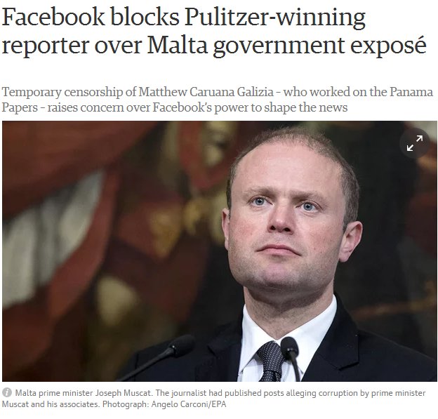 Facebook blocks Pulitzer-winning reporter over Malta government exposé, Malta