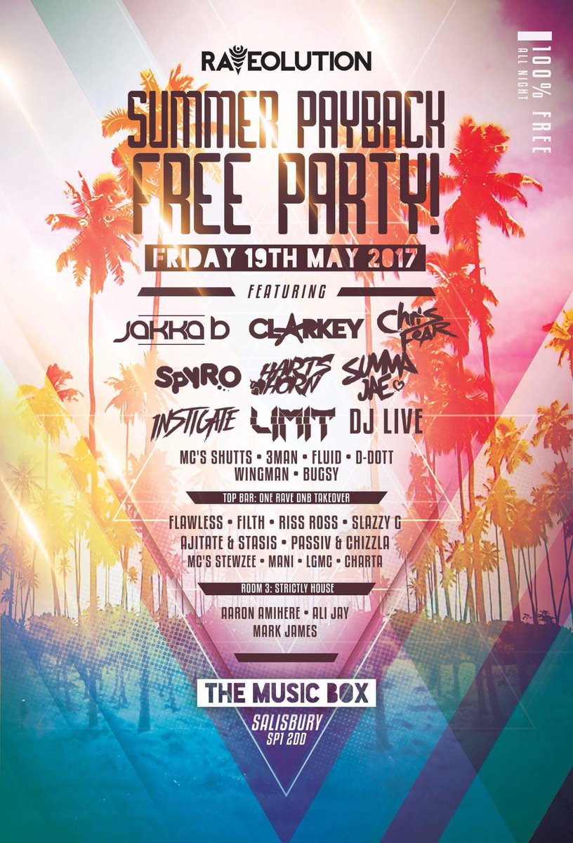 Salisbury tonight! #FreeParty <a href="/djsummajae/">ᔕumma Jae 💗</a> <a href="/DJChrisFear/">Chris Fear</a> <a href="/RaveolutionUK/">Raveolution</a> <a href="/MCShutts/">MC Shutts</a> <a href="/MC3Man/">MC 3Man</a> <a href="/DjInstigate/">Dj Instigate</a> @yesSPYRO @InTheMusicBox
