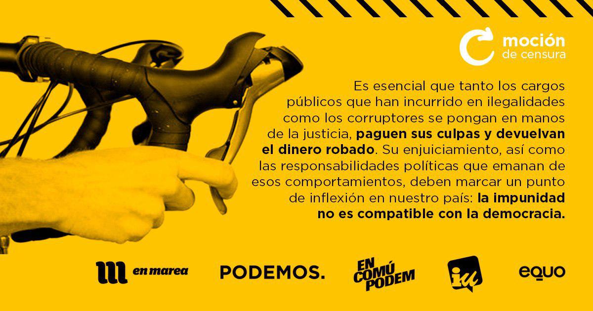 PODEMOS's tweet photo. No nos da miedo perder la votación, lo que nos da miedo es que el PP siga saqueando y parasitando las instituciones. #MociónParaEcharlos https://t.co/ICCMLy9k82
