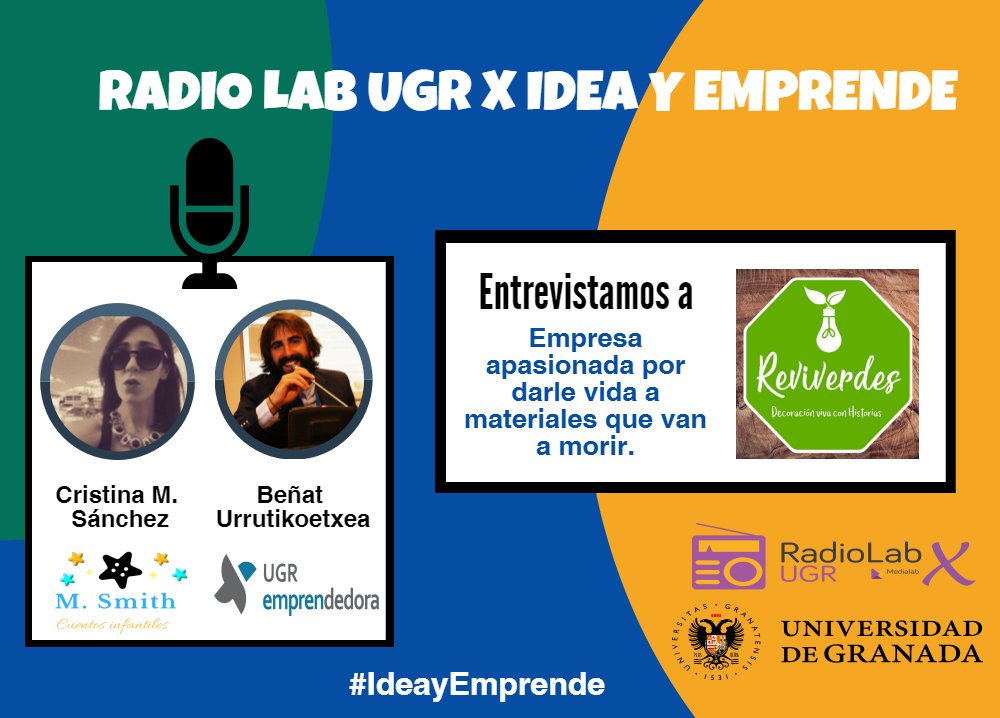 UGRemprendedora's tweet photo. Primer programa de #IdeayEmprende 😀
@CristinaBaaang y @beurruti entrevistarán a @javiframirez de @reviverdes en @RadioLabUGR 👏👏 https://t.co/KSjQPKBVU6