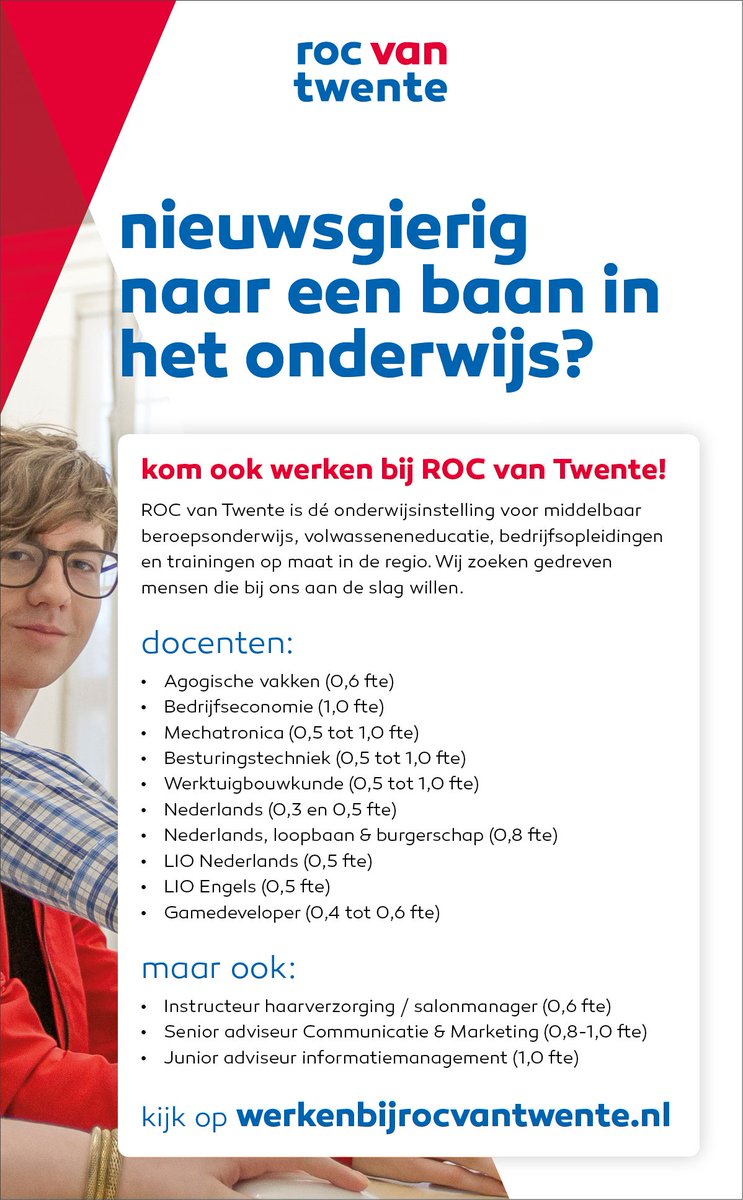 rocvantwente's tweet image. Zin om te werken in een inspirerende onderwijsomgeving?
Bekijk al onze vacatures op werkenbijrocvantwente.nl