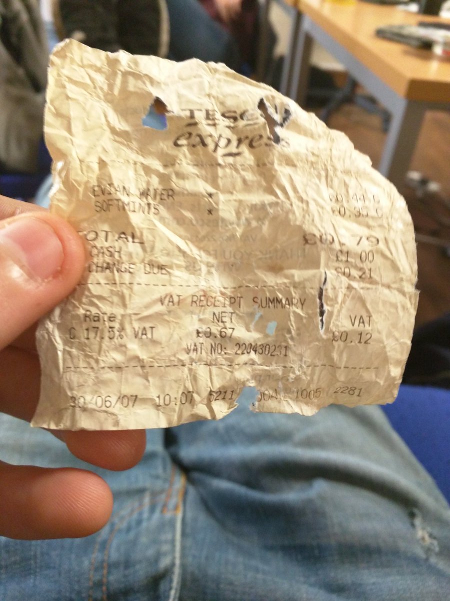 ZacObrienManley's tweet photo. Receipt  from 2007 found in keyhole at Uni halls. 35p for water and 44p for softmints, how times have changed! #UoM #inflation https://t.co/XEVDmLM00s