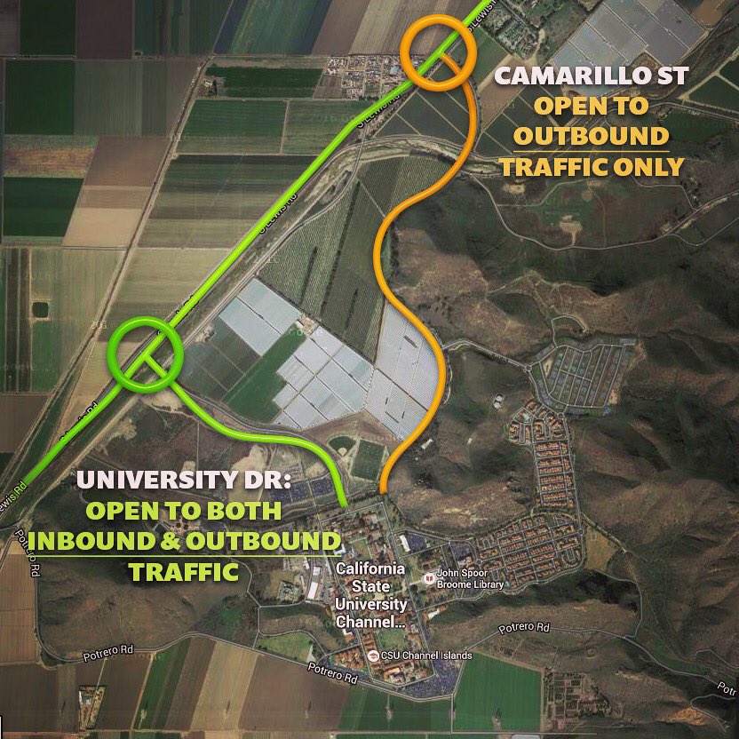 csuci's tweet image. Camarillo St open ONLY to outbound traffic from 4am-5pm on 5/20. Inbound Lewis traffic routed through University Dr.