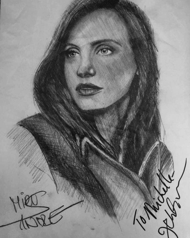 MirusAndre's tweet photo. Thank you @jes_chastain for signing my work, which I drew for Michelle! It means a lot! I'm so glad you like it! #Cannes2017 @MichaelaROC https://t.co/UJi9dYQfTk