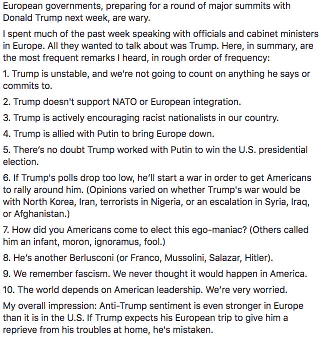 If Trump expects his European trip to give him a reprieve from his troubles at home, he's mistaken.