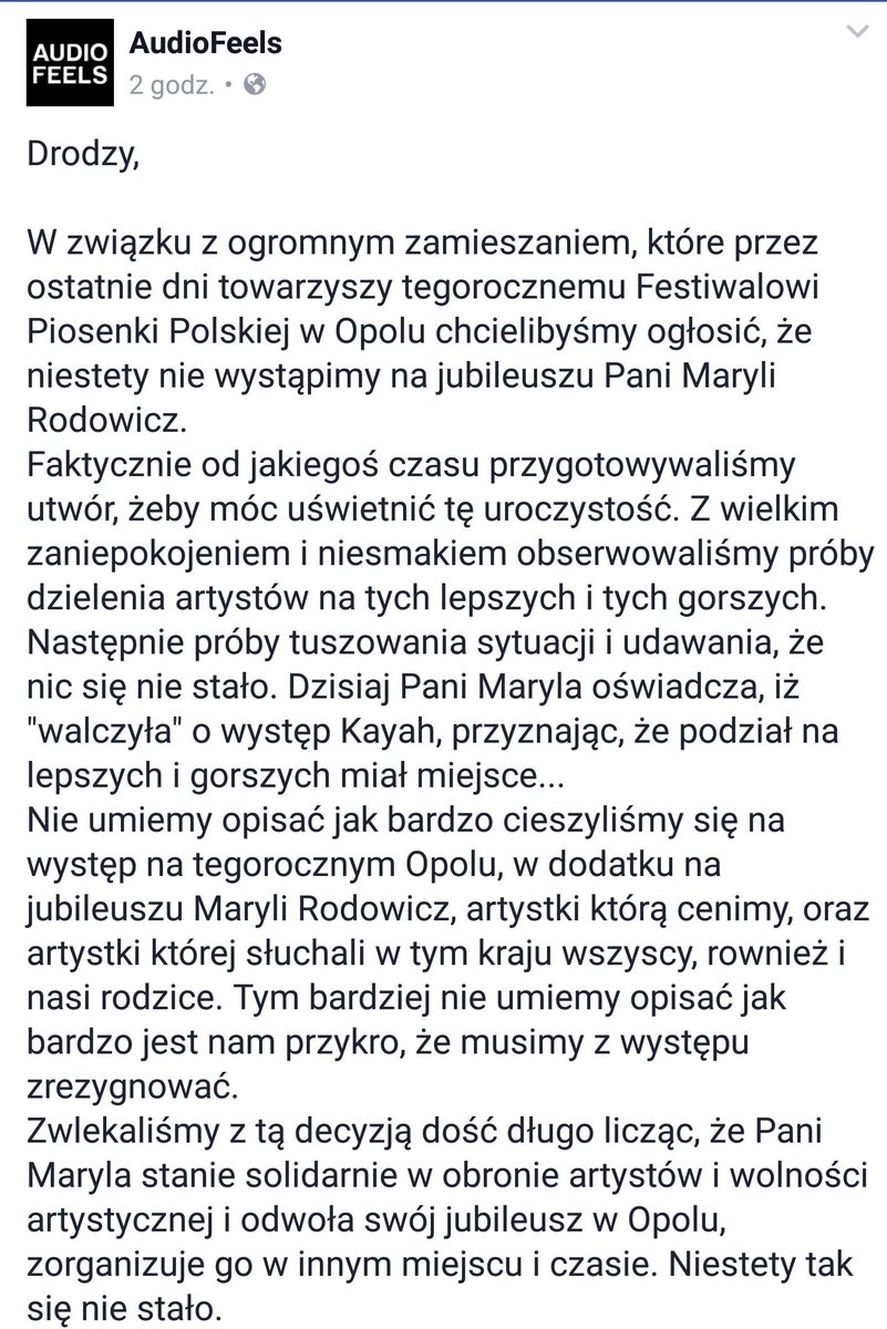 gdrobiszewski's tweet photo. Zespół #AudioFeels również nie weźmie udziału w #Opole na znak protestu przeciwko cenzurze w TVP i upolitycznianiu Festiwalu. Brawo! 👏 https://t.co/7RklZZMCBt