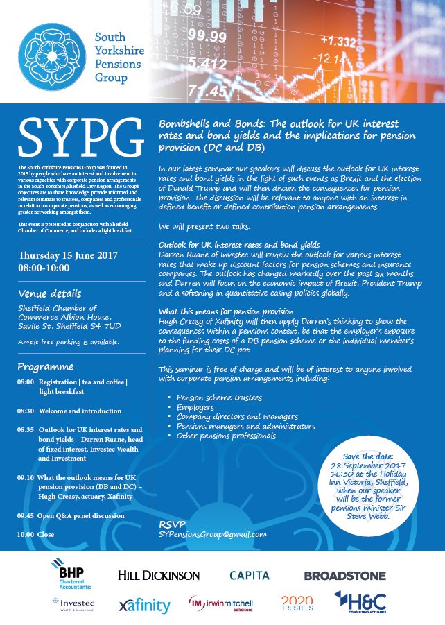 S_Y_P_G's tweet photo. Pensions Seminar, Bombshells &amp; Bonds (15 June 2017, Sheffield). Click below for details and to RSVP #pensions #bonds #SYPG #sheffield https://t.co/JTFN9dyAgH