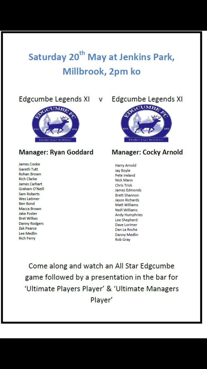*EDGCUMBE LEDGENDS CHARITY GAME* 

Tomorrow, 2pm ko, at Millbrook AFC