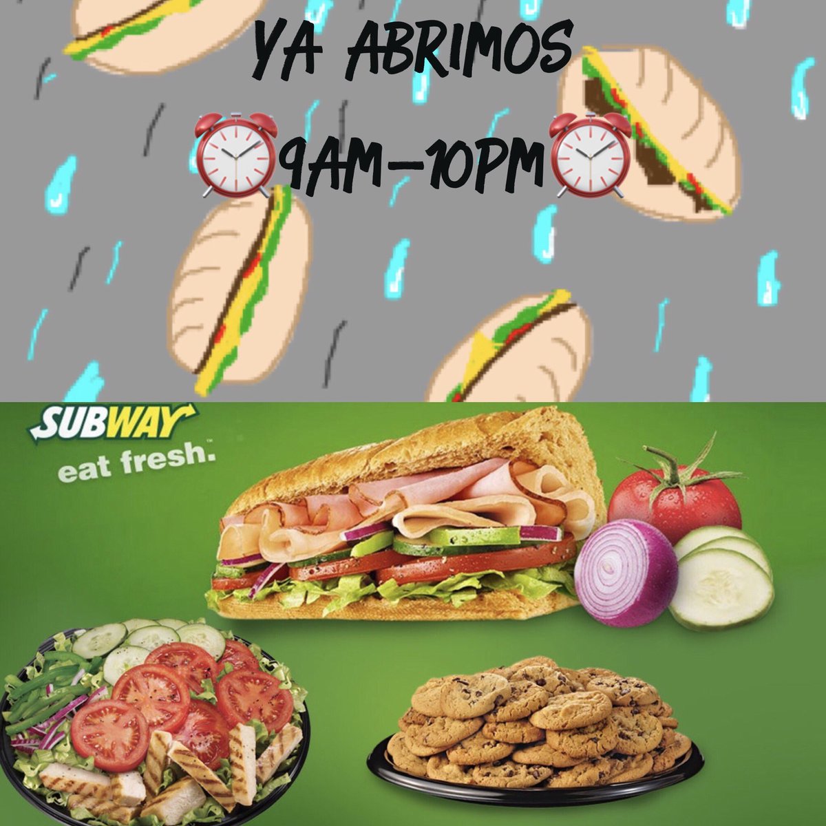 JohnSalcedoC's tweet photo. Que este clima☁️🌧 sea excusa para pasar por tu #ComboDesayuno en #SubwayQuevedo por sólo $3.50

Empieza tu #VIERNES con #ÁNIMO y #ALEGRÍA 💚💛 https://t.co/rOGT45BL35