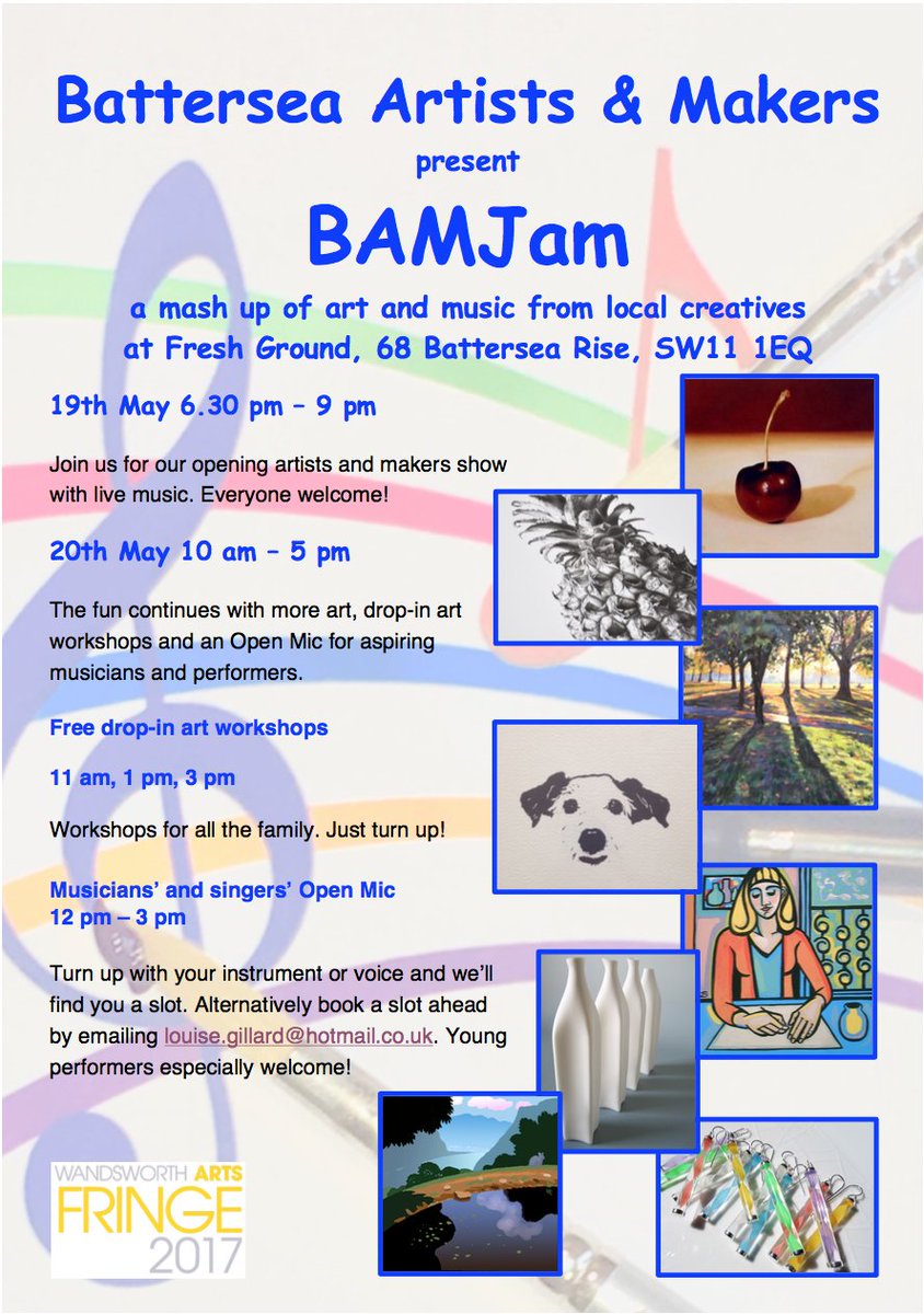 artinbattersea's tweet photo. #BAMJam kicks off tonight at @FreshGroundLDN Battersea Rise. Join us for art and music. Everyone welcome. #wafchat https://t.co/BgVZ0jDfhH