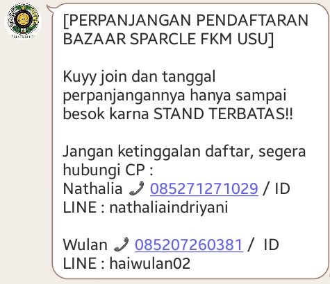 PEMAFKM_USU's tweet photo. [PERPANJANGAN PENDAFTARAN BAZAAR SPARCLE FKM USU] https://t.co/9D5dXomiRu