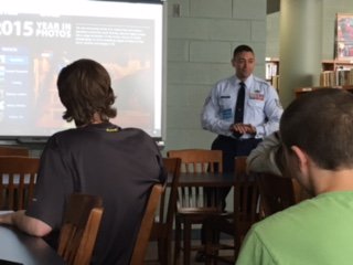 Technical Sargeant Jarad Denton answers questions about the Air Force in the library.  #formerSpanishstudentdoeswell