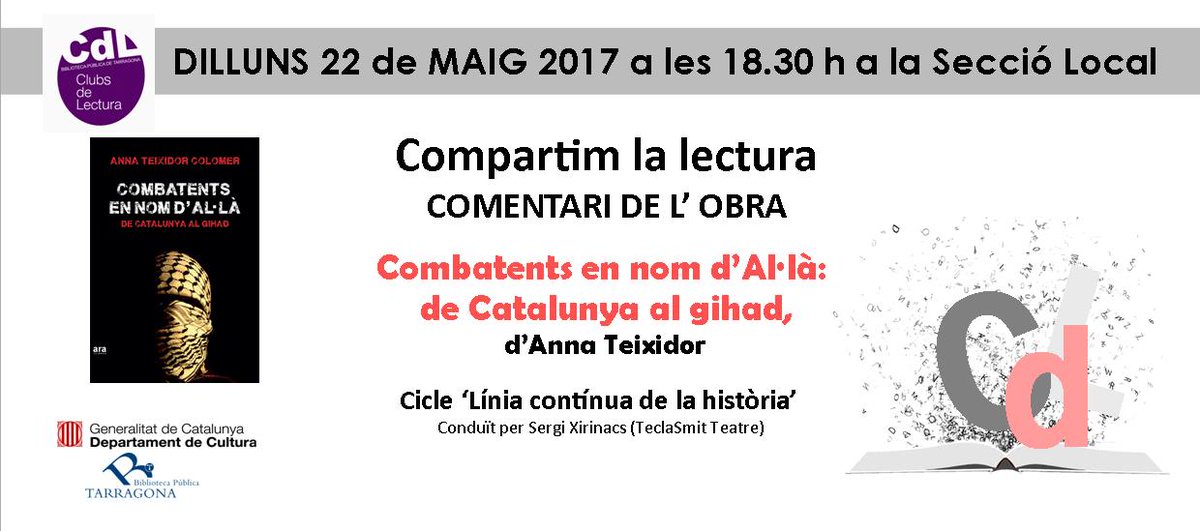 bibliotgn's tweet photo. 22/05 18.30 h #compartimlectura #Combatents Nom Al·là . Cicle Línia Contínua #història @TeatreTeclaSmit @TGNcultura https://t.co/QtuFHZmK70