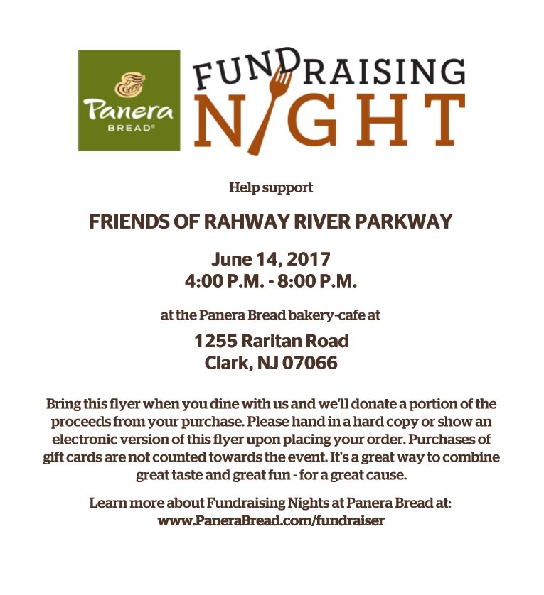 rahwayriverpkwy's tweet photo. Join us on Wed, 6/14 at Panera Bread in Clark for dinner! Bring the family, friends and flyer when you dine with us. See ya there! #FORRP https://t.co/Ke2p9xK7Sh