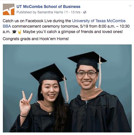 UTexasMcCombs's tweet photo. Ten more minutes to @UTexasBBA commencement! Not here? Watch on Facebook Live at UTMcCombsSchool Capture the moment! #McCombsGrad17 https://t.co/QJr9zsTiYh